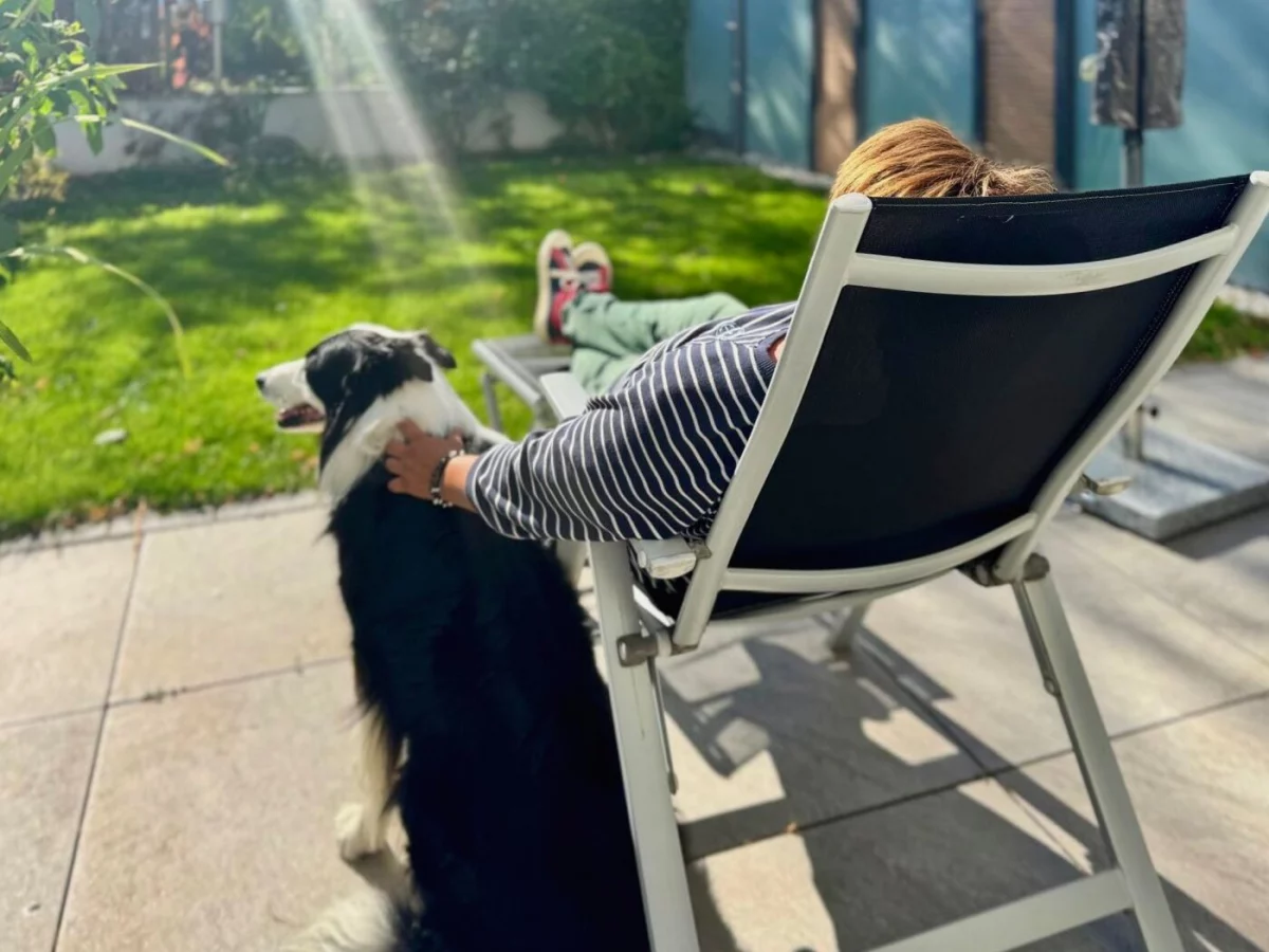 Hund neben Liegestuhl im Garten der Ferienwohnung am Bodensee